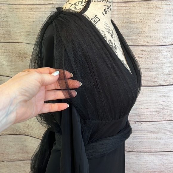 Lida Baday Cocktail Dress Tulle Bodice & Sash LBD V-neck 3/4 Sleeves Size Medium - Picture 4 of 11